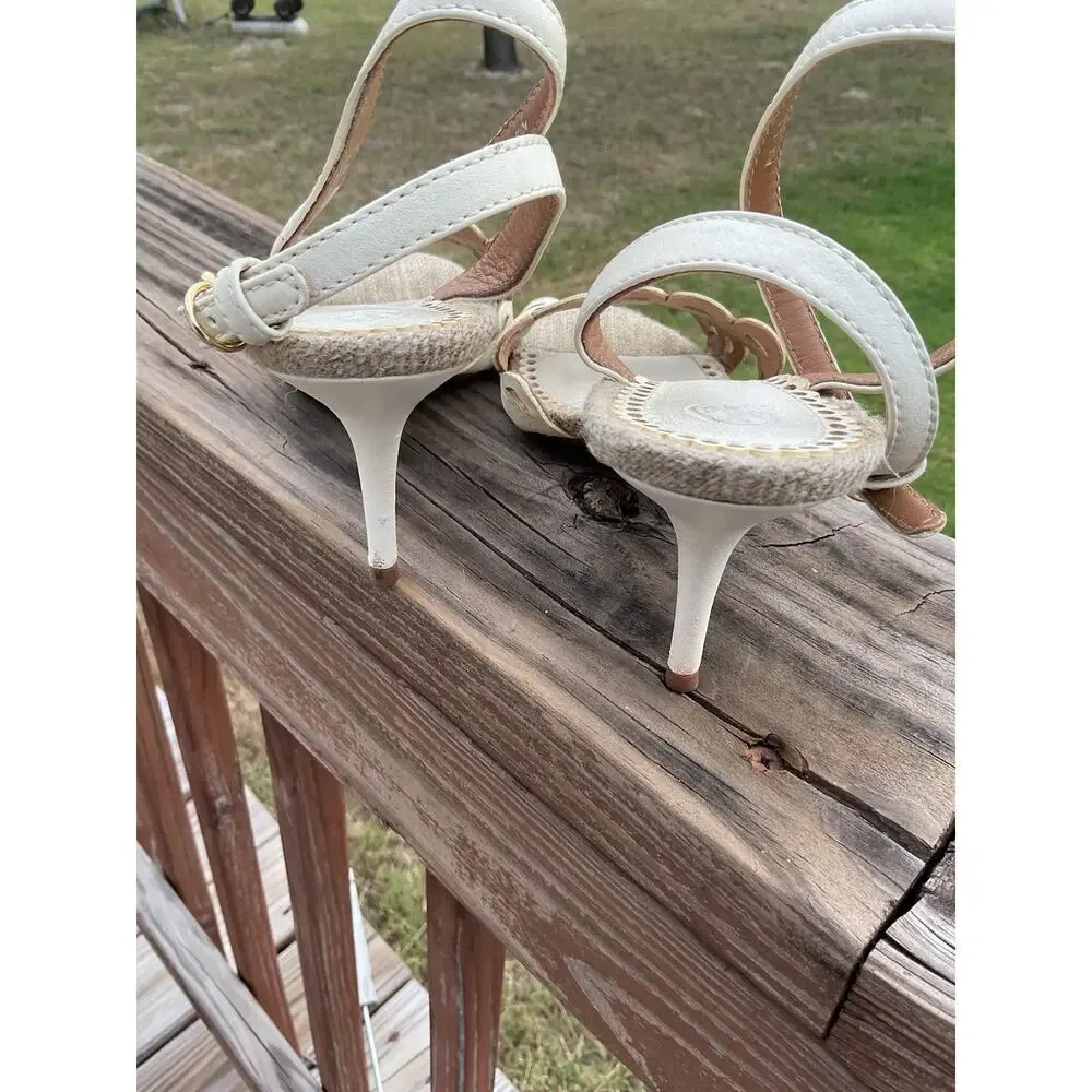 Tory Burch Women 8.5 Raffia Peep Toe Slingback Stiletto Heels Ivory Laser Cut
